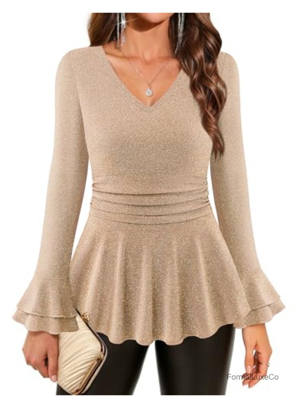 Sequin Tunic Blouse Women Elegant Long Sleeve V-Neck Sparkly